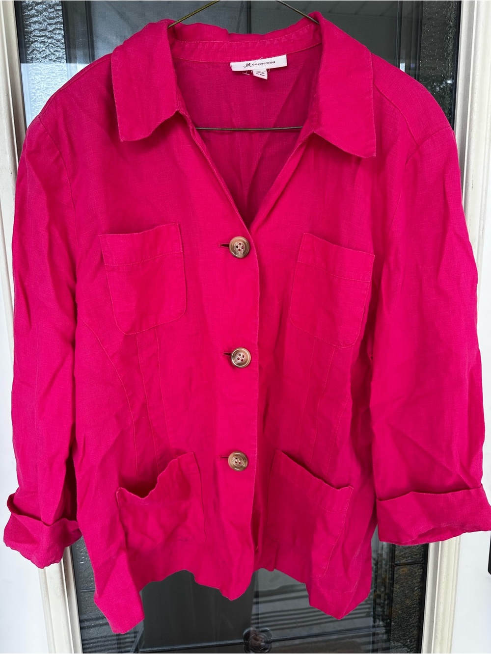 Bright Pink 100% Linen Button-Front Women's Jacket - Lightweight Collar Jacket